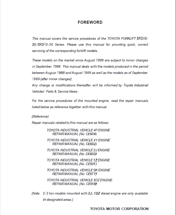 Toyota 5FG10, 5FG14, 5FG15, 5FG18, 5FG20 Forklift Service Repair Manual