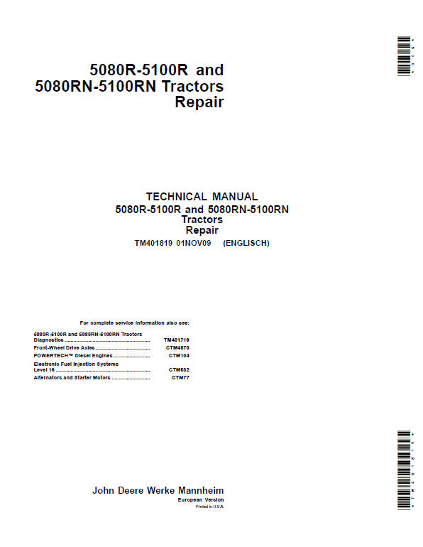 John Deere 5080R, 5080RN, 5090R, 5090RN, 5100R, 5100RN Tractor Repair Manual Workshop Guide