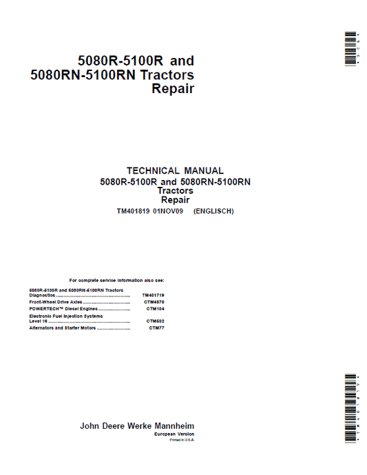 John Deere 5080R, 5080RN, 5090R, 5090RN, 5100R, 5100RN Tractor Repair Manual Workshop Guide