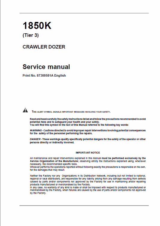Case 1850K Crawler Dozer Service Manual Workshop Guide