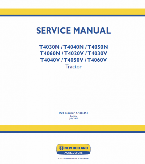 New Holland T4020V, T4030V, T4040V, T4050V, T4060V Tractor Service Manual Workshop Guide
