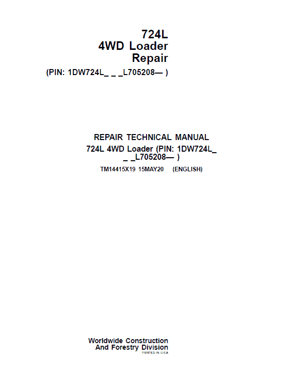 John Deere 724L 4WD Loader Repair Technical Manual (S.N L705208 – ) Workshop Guide