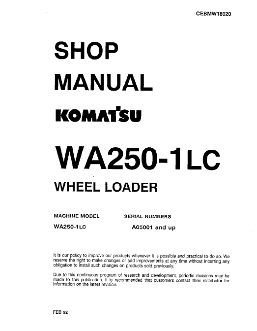 Komatsu WA250-1, WA250-1LC Wheel Loader Service Manual Workshop Guide