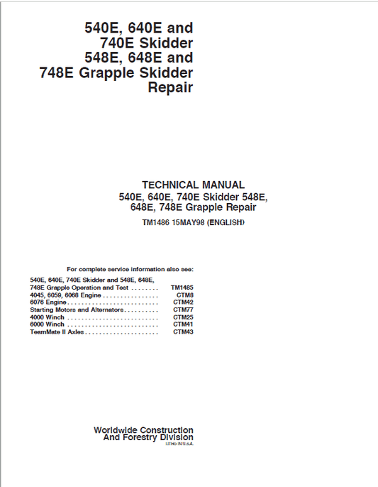 John Deere 548E, 648E, 748E Grapple Skidder Repair Technical Manual Workshop Guide
