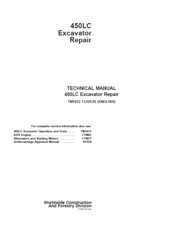 John Deere 450LC Excavator Repair Technical Manual Workshop Guide