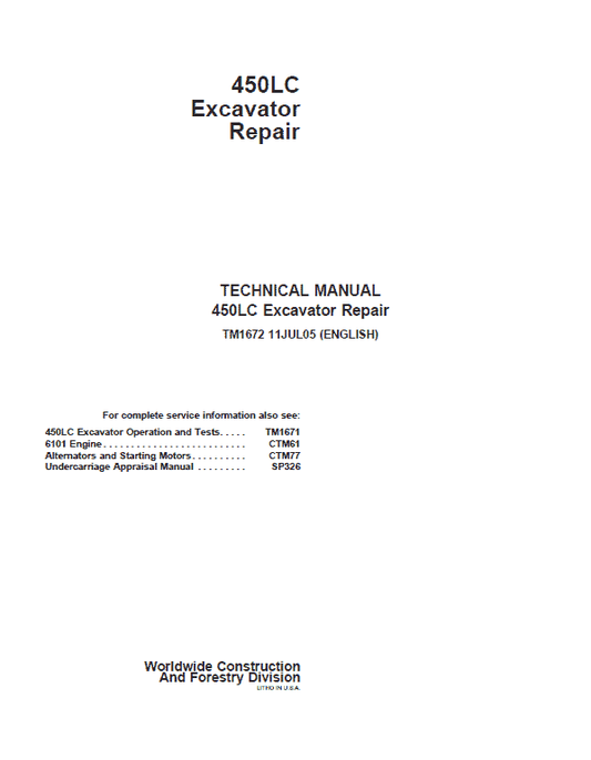 John Deere 450LC Excavator Repair Technical Manual Workshop Guide