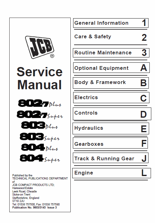 JCB 802-7, 803, 804 Plus & Super Mini Excavator Service Manual Workshop Guide
