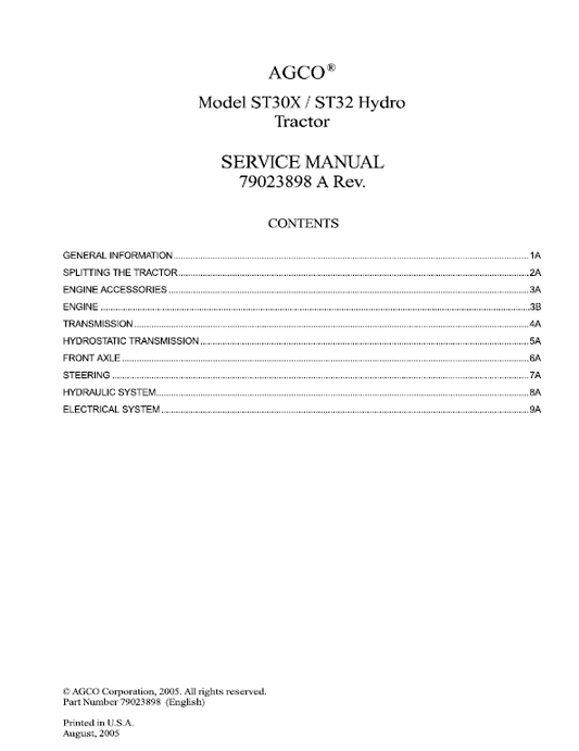 AGCO ST30X, ST32 Tractor Workshop Service Manual Workshop Guide