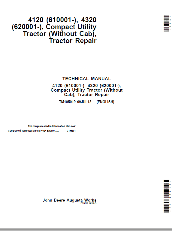 John Deere 4120, 4320 Compact Utility Tractors Technical Manual (Without Cab – S.N 610001-) Workshop Guide