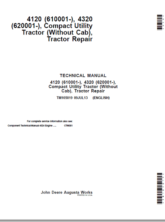 John Deere 4120, 4320 Compact Utility Tractors Technical Manual (Without Cab – S.N 610001-) Workshop Guide