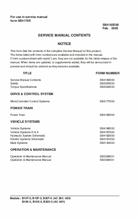 Doosan Daewoo B15T-5, B18T-5, B20T-5, B16X-5, B18X-5, B20X-5 Forklift Service Manual Workshop Guide