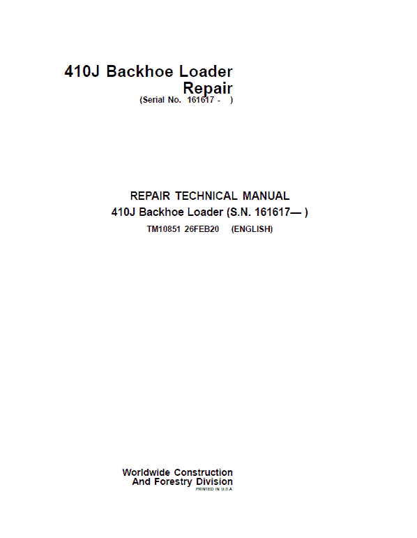 John Deere 410J Backhoe Loader Repair Technical Manual (S.N after 161617 – ) Workshop Guide