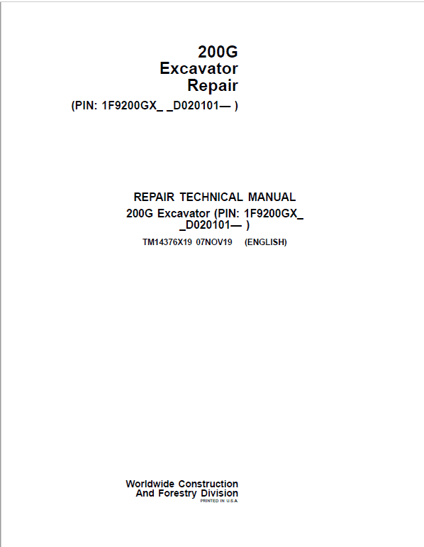 John Deere 200G Excavator Repair Technical Manual (S.N after D020101 – ) Workshop Guide