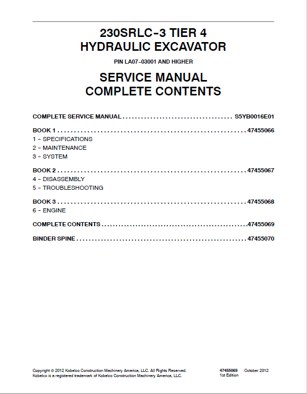 Kobelco 230SRLC-3 Tier 4 Hydraulic Excavator Repair Service Manual Workshop Guide