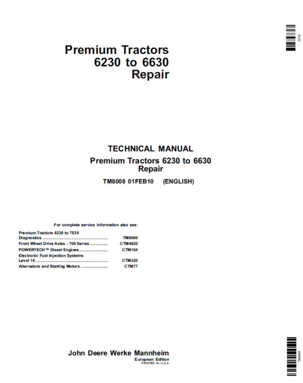 John Deere 6230, 6330, 6430, 6530, 6630 Premium Tractors Service Repair Manual Workshop Guide