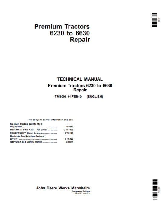 John Deere 6230, 6330, 6430, 6530, 6630 Premium Tractors Service Repair Manual Workshop Guide