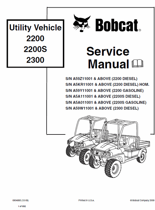 Bobcat 2200, 2200s and 2300 Utility Vehicle Service Manual Workshop Guide