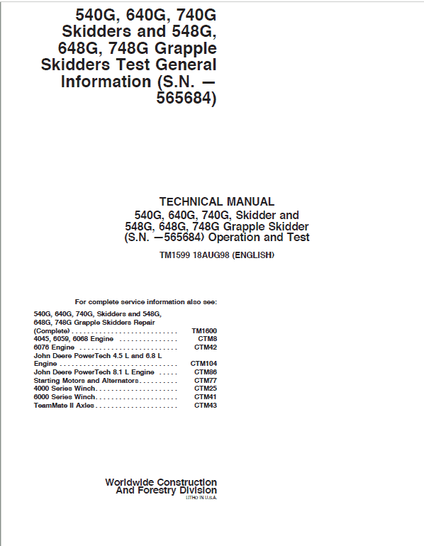 John Deere 548G, 648G, 748G Grapple Skiders Repair Manual (S.N before 565684) Workshop Guide