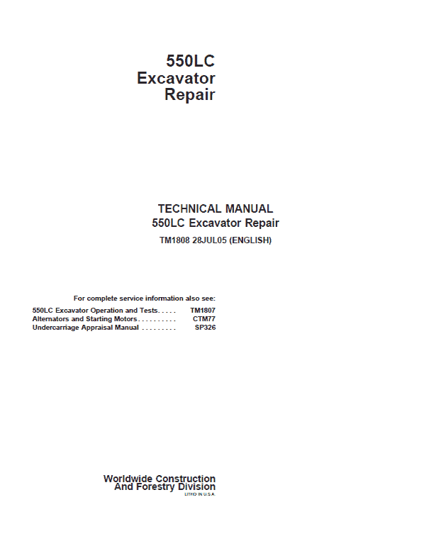John Deere 550LC Excavator Repair Technical Manual Workshop Guide
