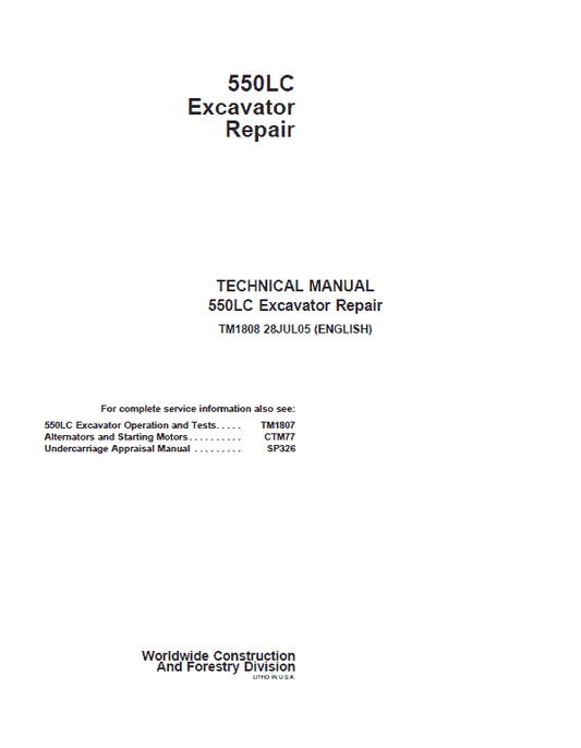 John Deere 550LC Excavator Repair Technical Manual Workshop Guide