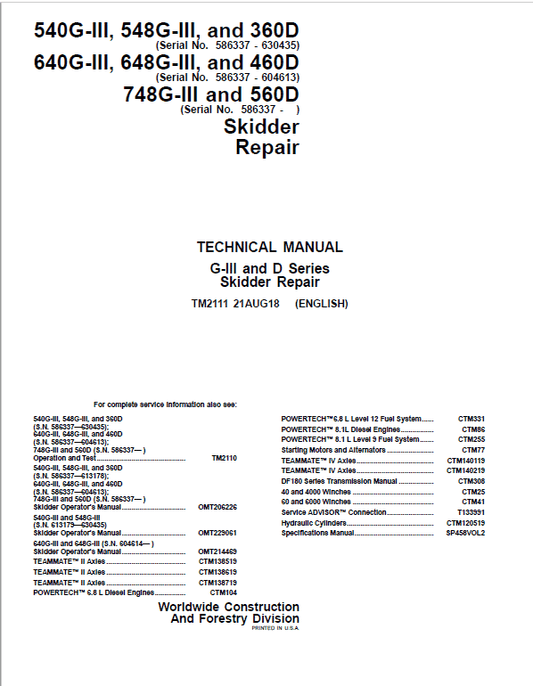John Deere 640G-III, 648G-III, 460D Skidder Repair Manual (S.N. 586337 – 604613) Workshop Guide