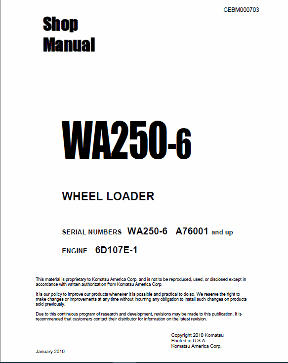 Komatsu WA250-6, WA250PZ-6 Wheel Loader Service Manual Workshop Guide