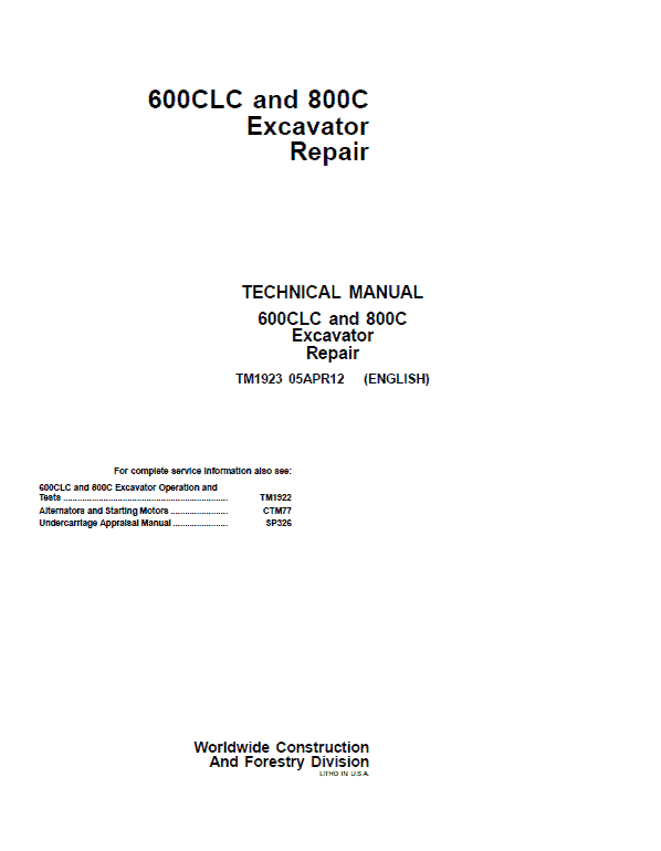 John Deere 600CLC, 800C Excavator Repair Technical Manual Workshop Guide