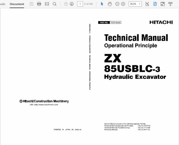Hitachi ZX85USBLC-3 Excavator Service Repair Manual Workshop Guide