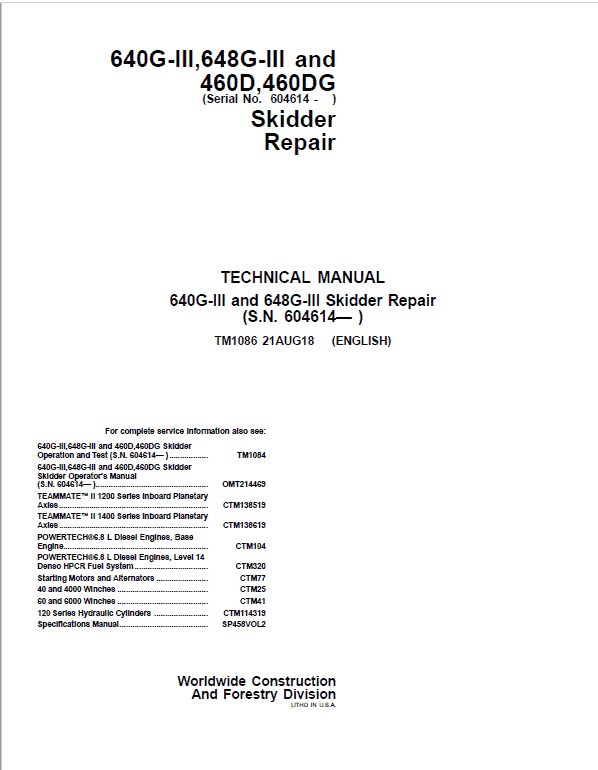 John Deere 640G-III, 648G-III, 460D, 460DG Skidder Repair Manual (S.N after 604614 -) Workshop Guide