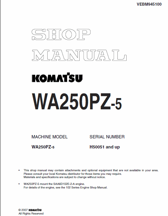 Komatsu WA250PZ-5 Wheel Loader Service Manual Workshop Guide