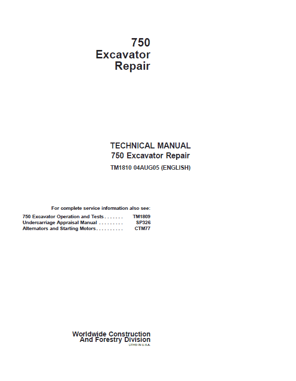 John Deere 750 Excavator Repair Technical Manual Workshop Guide