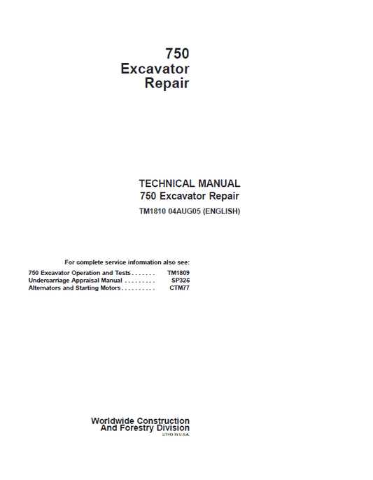 John Deere 750 Excavator Repair Technical Manual Workshop Guide