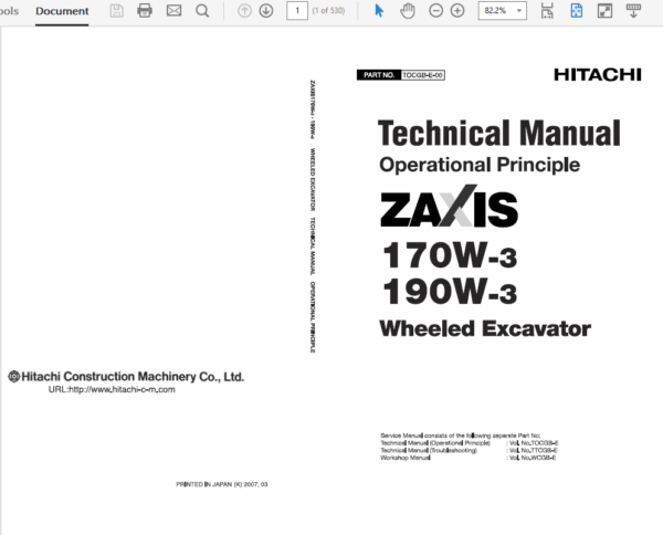 Hitachi ZX170W-3 and ZX190W-3 Excavator Service Repair Manual Workshop Guide
