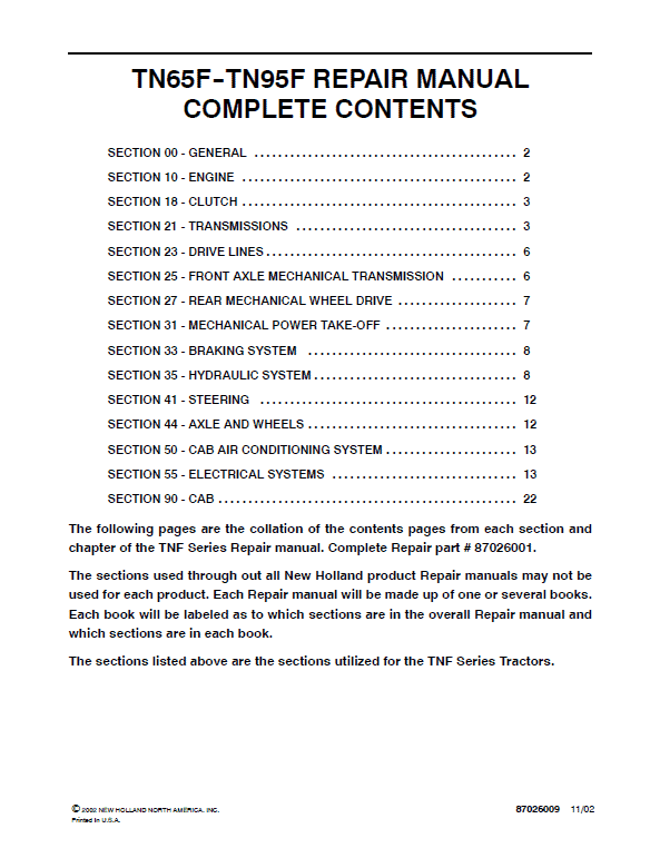 New Holland TN80F, TN90F, TN95F Tractor Service Manual Workshop Guide