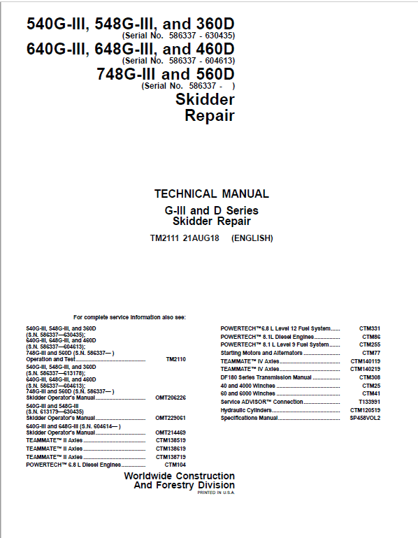 John Deere 748G-III, 560D Skidder Repair Technical Manual (S.N. after 586337 – ) Workshop Guide
