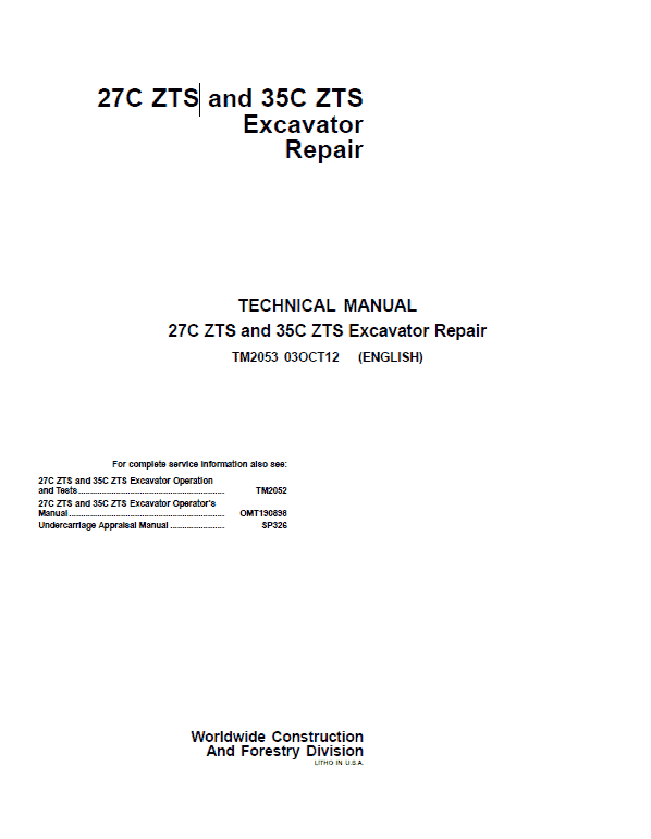 John Deere 27C ZTS, 35C ZTS Excavator Repair Technical Manual Workshop Guide