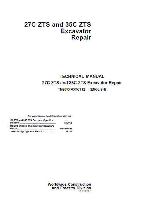 John Deere 27C ZTS, 35C ZTS Excavator Repair Technical Manual Workshop Guide