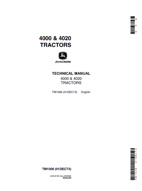 John Deere 4000, 4010, 4020 Tractors Repair Technical Manual Workshop Guide