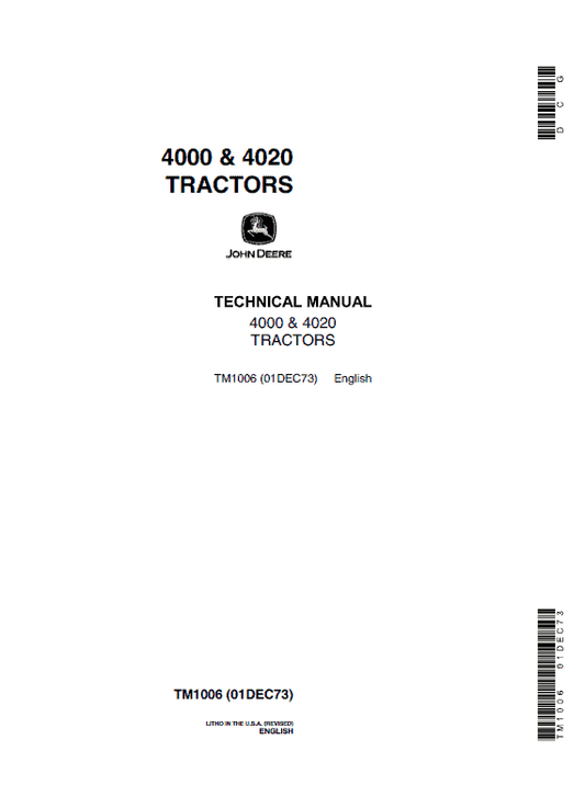 John Deere 4000, 4010, 4020 Tractors Repair Technical Manual Workshop Guide