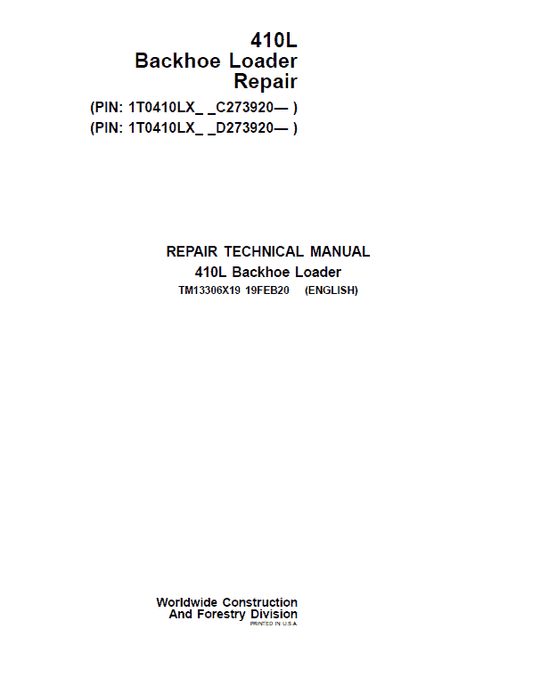 John Deere 410L Backhoe Repair Technical Manual (S.N after C273920 & D273920 – 390995) Workshop Guide