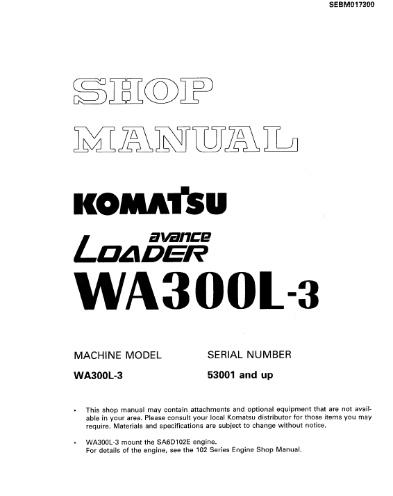 Komatsu WA300L-3 Wheel Loader Service Manual Workshop Guide