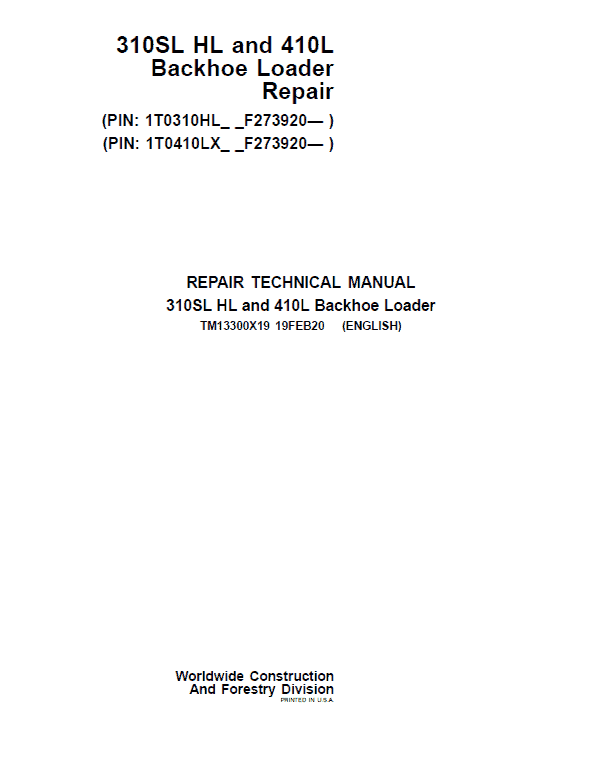 John Deere 310SL HL, 410L Backhoe Loader Technical Manual (S.N F273920 -F390995) Workshop Guide