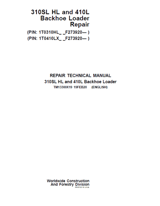 John Deere 310SL HL, 410L Backhoe Loader Technical Manual (S.N F273920 -F390995) Workshop Guide