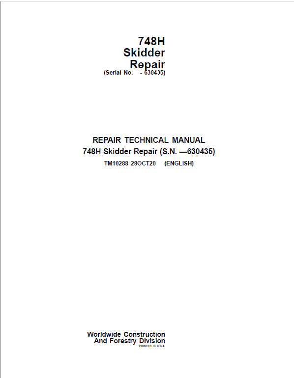 John Deere 748H Skidder Repair Technical Manual (S.N before 630435) Workshop Guide