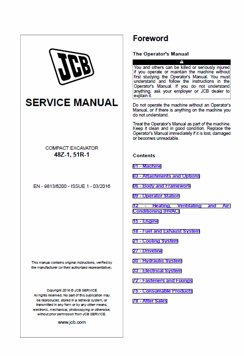 JCB 48Z-1, 51R-1 Mini Digger Excavator Service Manual Workshop Guide
