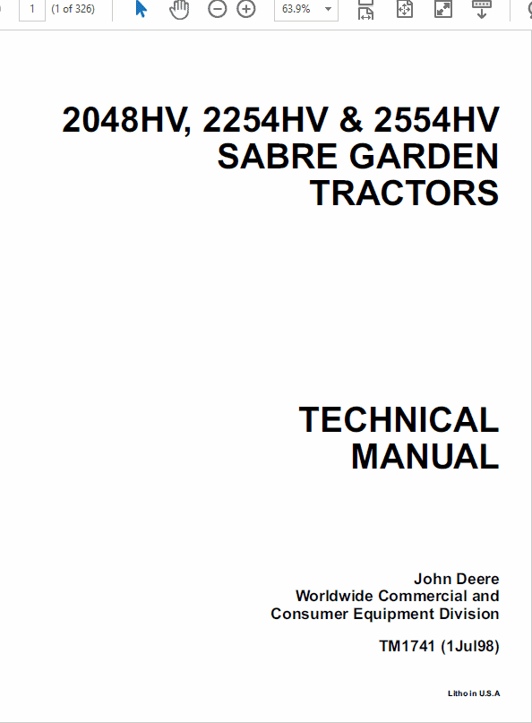 John Deere 2048HV, 2254HV, 2554HV Sabre Tractors Technical  Manual Workshop Guide