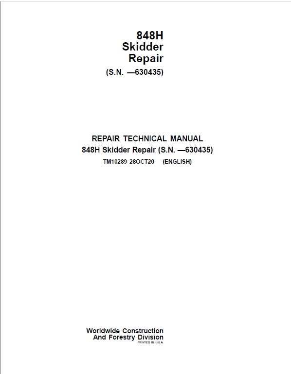 John Deere 848H Skidder Repair Technical Manual (S.N before 630435) Workshop Guide