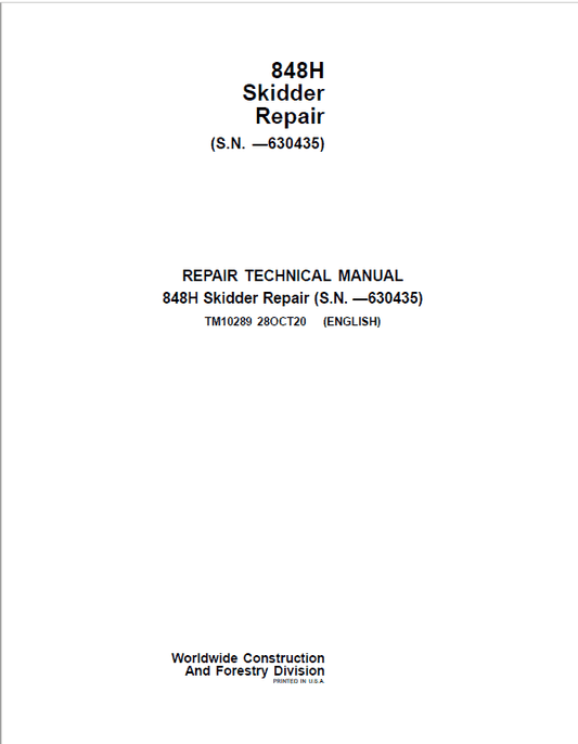 John Deere 848H Skidder Repair Technical Manual (S.N before 630435) Workshop Guide