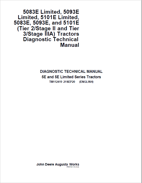 John Deere 5083E, 5093E, 5101E including Limited Models Manuals (S.N 344001-439999) Workshop Guide