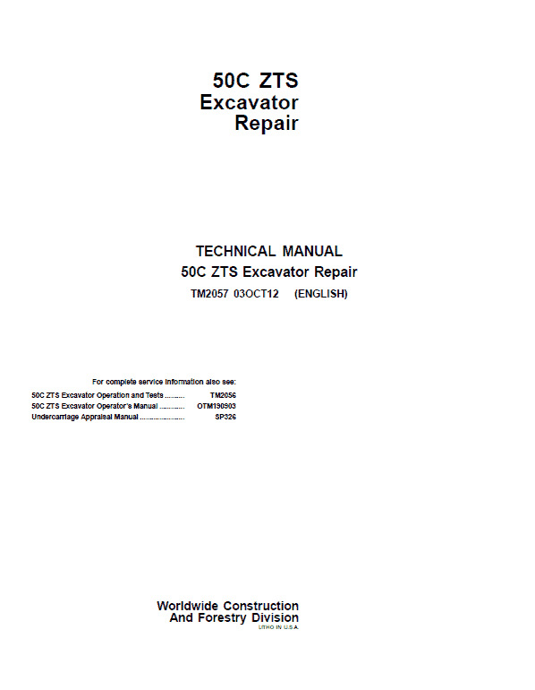 John Deere 50C ZTS Excavator Repair Technical Manual Workshop Guide